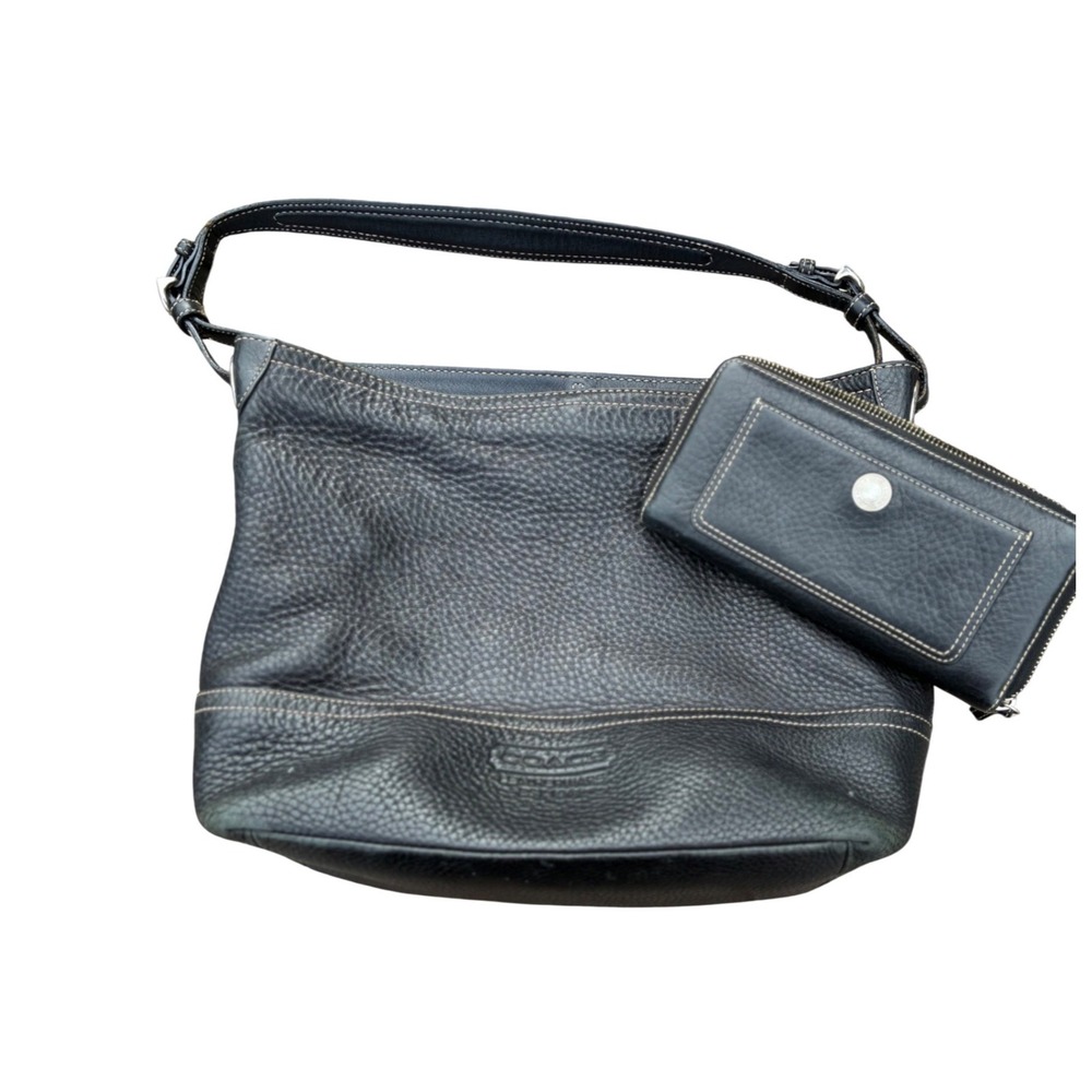 Coach 5715 Black Pebbled Leather Shoulder Bag and Matching Zip Around Wallet Set